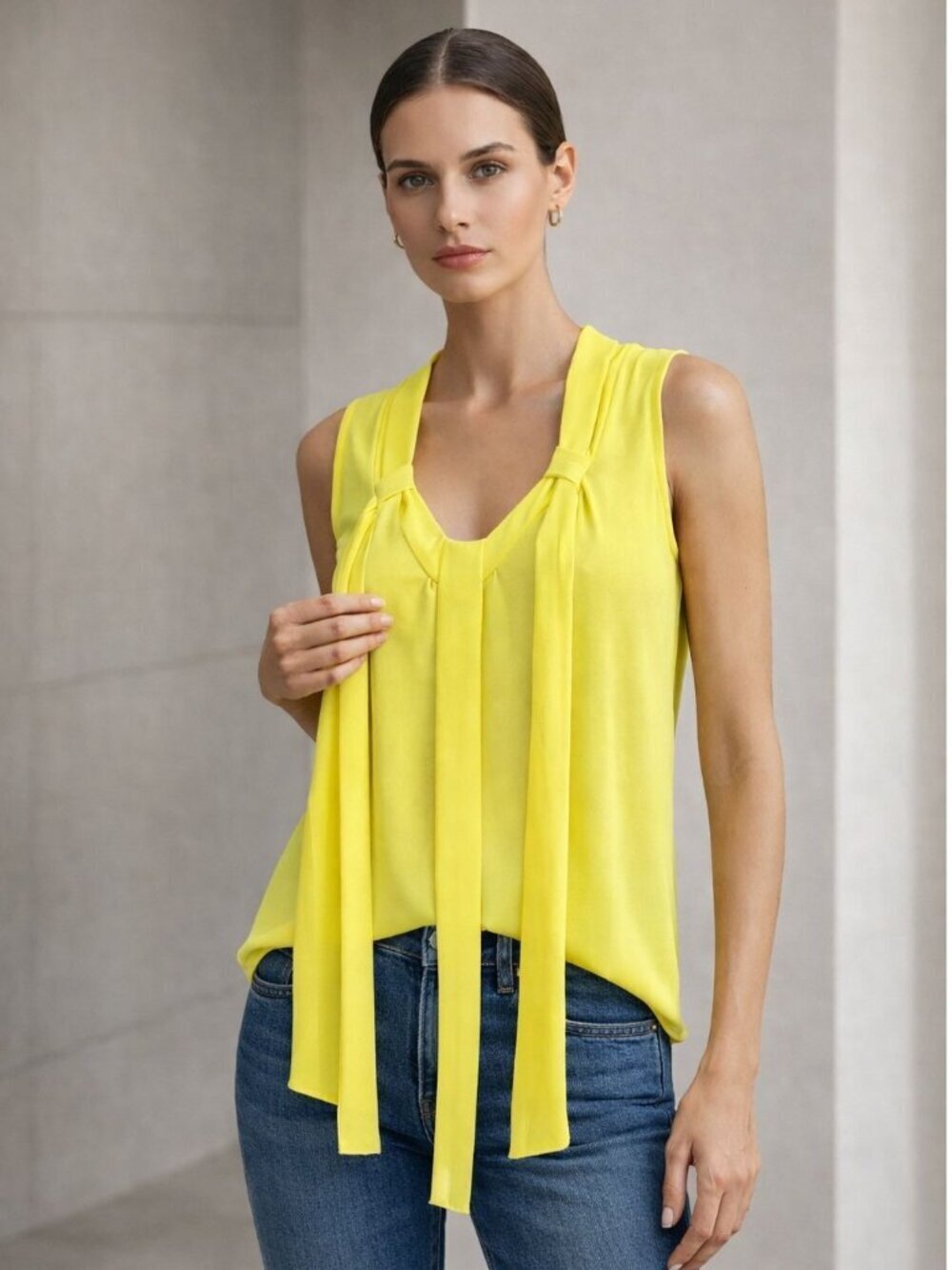 CUE Neon Yellow Draped Tie Front Blouse Top Size Small AU 6 Sleeveless Flowy